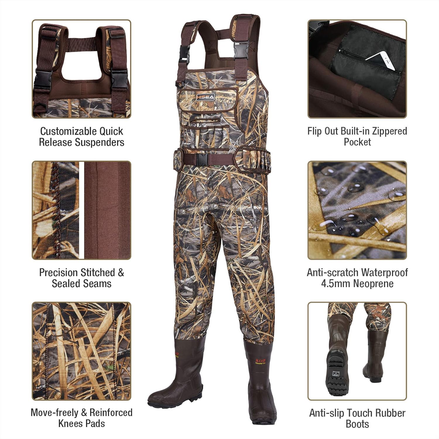 HISEA Hunting Waders Neoprene Chest Waders for Men with 800G Insulated Boots Waterproof Neoprene Bootfoot Waders