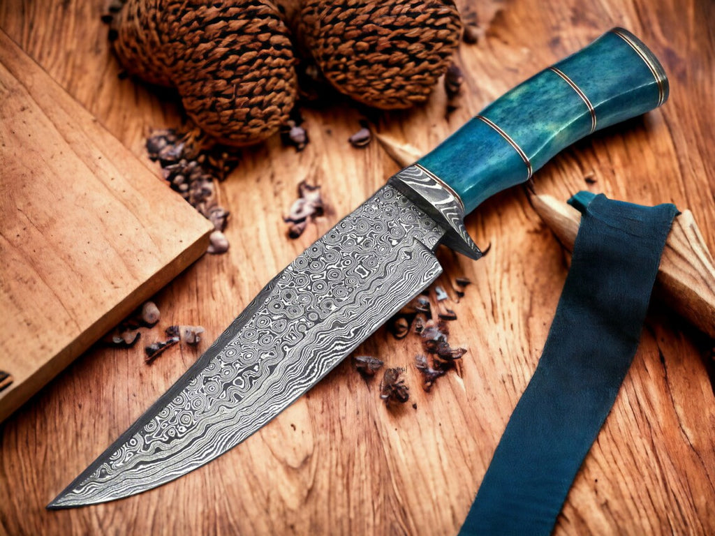Custom Handmade 13" Damascus Steel Confederate Civil War Bowie Knife with Camel Bone Handle and Leather Sheath
